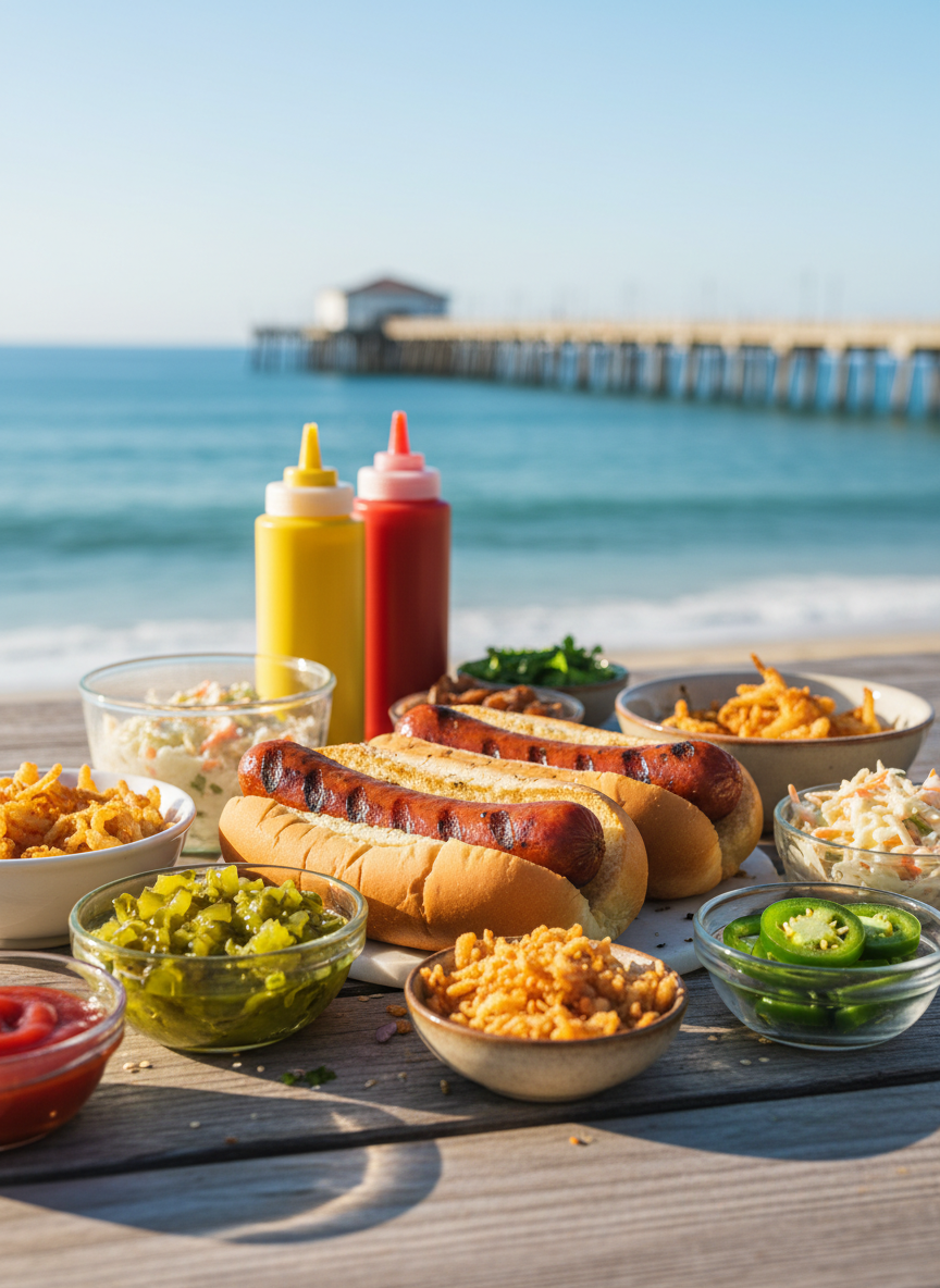 A vibrant build-your-own hotdog spread laid out on a sun-bleached wooden picnic table, featuring plump grilled hotdogs nestled in golden, toasted buns. Surrounding them are neat rows of colorful toppings: relish glistening with diced pickles, bright yellow mustard swirls, ruby-red ketchup, crunchy fried onions, jalapeño slices, and creamy coleslaw in small glass bowls. In the softly blurred background, the Oceanside pier stretches over a sparkling blue ocean beneath a clear sky. Warm late-afternoon sunlight casts playful highlights on the condiments and subtle shadows on the table. Photographic realism with a slightly elevated angle and shallow depth of field creates a cheerful, inviting, beachside picnic mood.