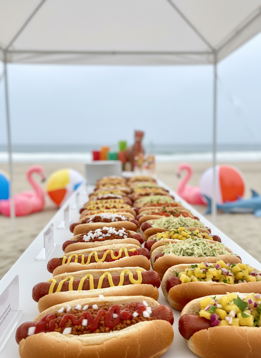 A whimsical hotdog buffet designed for a family-friendly beach event, captured in photographic realism. On a long, white table under a simple canopy, rows of hotdogs in soft buns are arranged like a colorful parade, each topped differently: classic mustard and ketchup, chili and onions, tangy slaw, and a tropical pineapple salsa version. Clear label stands are present but too blurred to read, avoiding visible text. In the background, bright beach toys, inflatable decor, and a hint of the Oceanside shoreline contribute to a playful vibe, all slightly out of focus. Diffused daylight from an overcast sky softens shadows and makes the colors pop. Shot from a slightly low, side angle, the focus stays sharp on the hotdogs, conveying a joyful, casual party atmosphere ideal for gatherings.