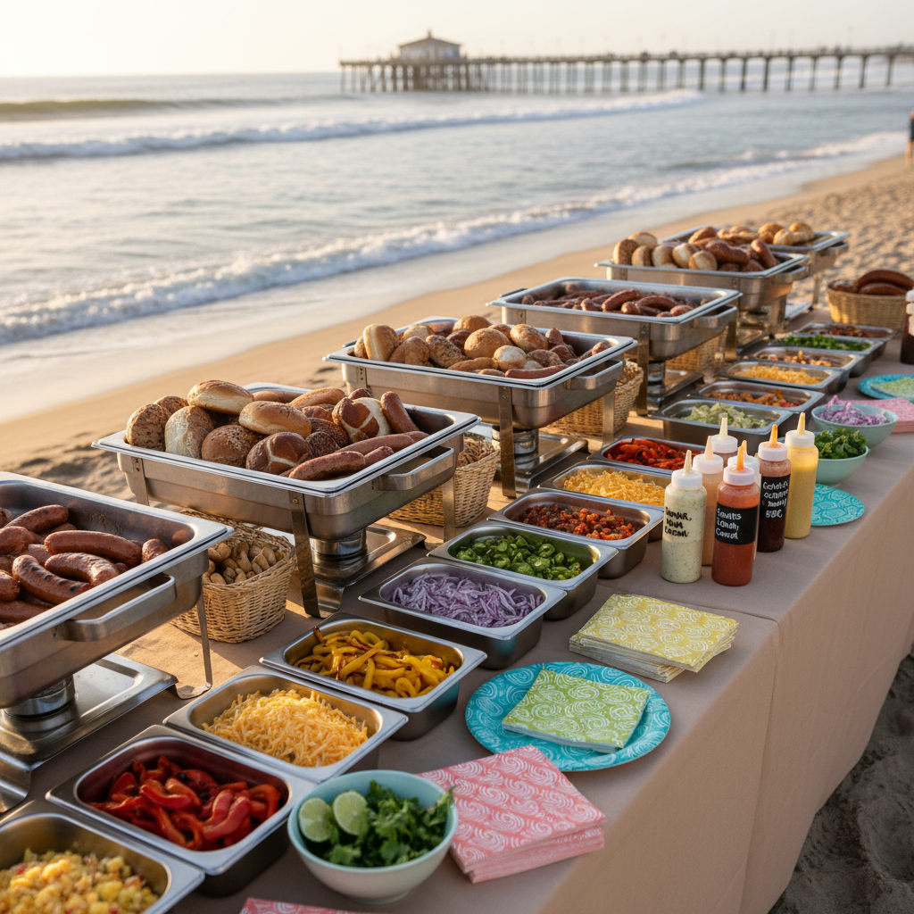 An overhead photographic view of a custom hotdog creation station set up for a beachside party near Oceanside pier. A long, sand-colored catering table is covered with neatly arranged stainless steel trays of grilled sausages, artisanal buns, and an array of toppings: roasted peppers, diced onions, shredded cheese, crispy bacon bits, tropical salsas, and gourmet sauces in squeeze bottles. Bright, reusable serving platters and napkins in playful coastal colors add personality. Soft golden hour sunlight streams from the side, casting crisp shadows and making the toppings glisten. The ocean and a hint of the pier appear softly out of focus in the background. The composition follows the rule of thirds, with sharp detail on the toppings, conveying a fun, energetic, and organized party atmosphere in photographic realism.